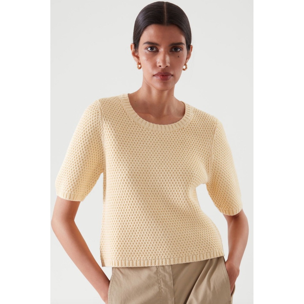COS Sweater Medium Butter Yellow Short Sleeve Cotton Waffle Knit Cropped Top